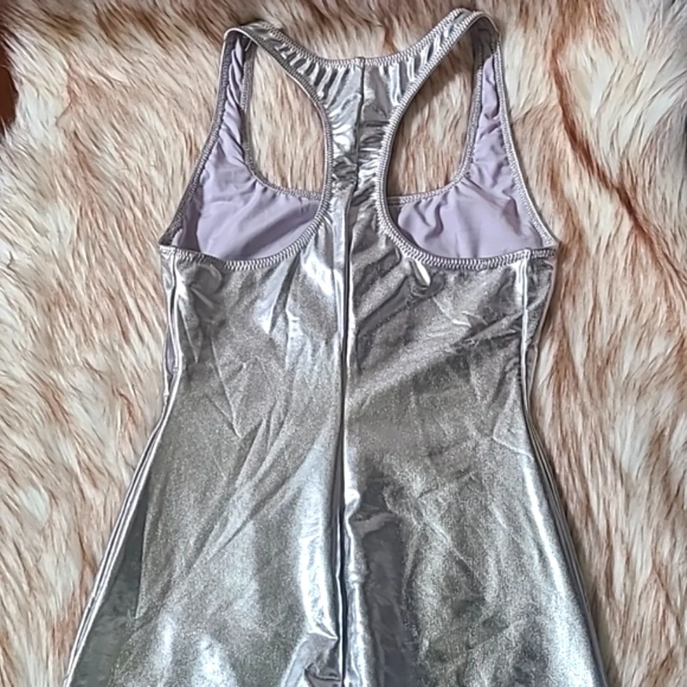 NWT SKIMS Metallic Swim Cycle Suit Size S Nickel